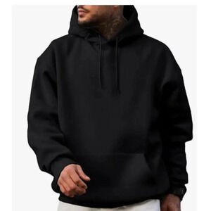 Plain Black  Pullover Hoodie Poly Blend Loose Fit Drawstrings Size Extra Large